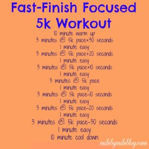 A workout to get your ready for finishing a 5k fast and strong.