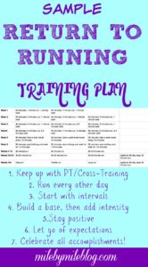 Tips for returning to running after an injury along with a sample training plan that can be used to slowly and safely build up mileage after time off. #running #training #injury