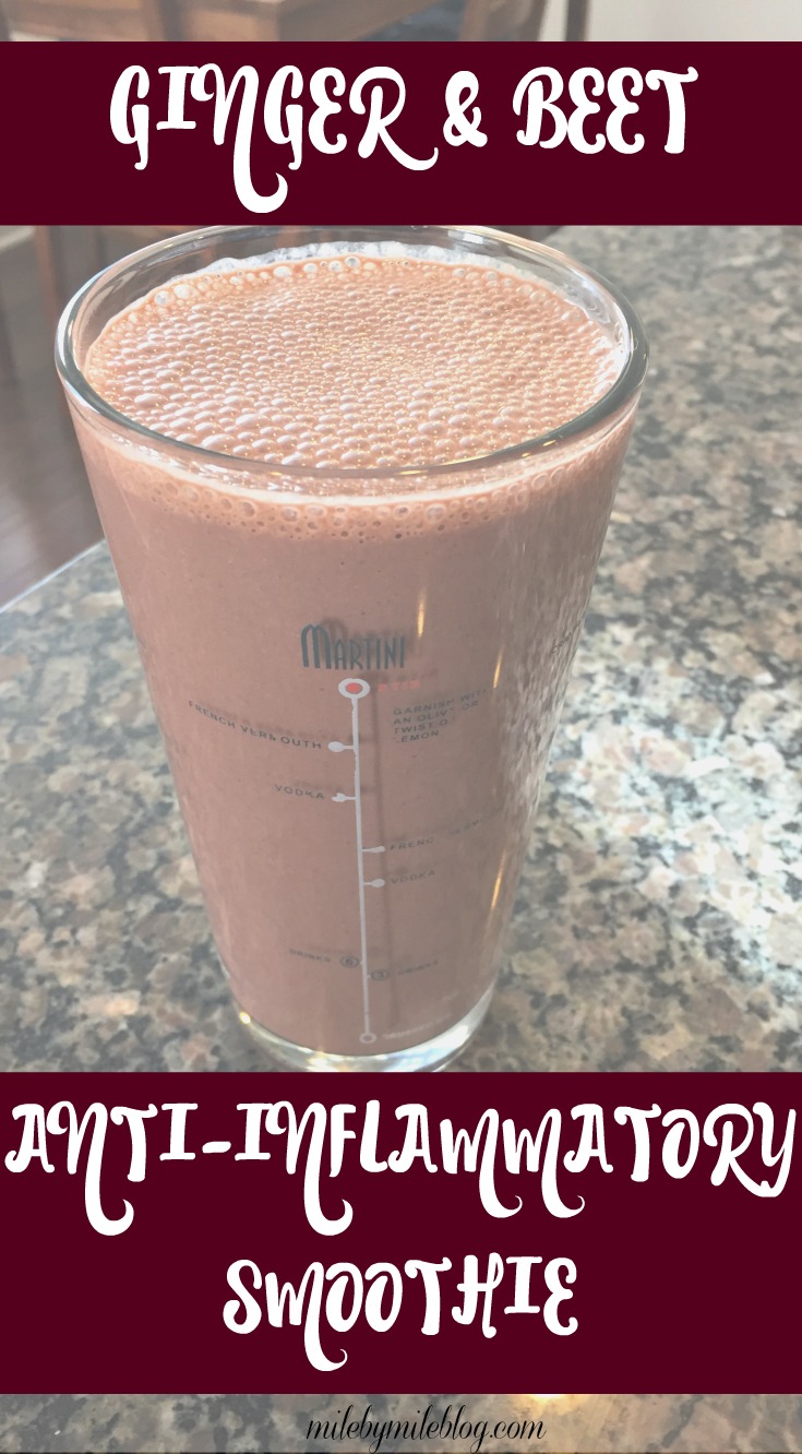 This smoothie is made with anti-inflammatory foods including beet juice, ginger, and berries. Almond butter and oats make this a thick and filling smoothie, and if you don't like beet juice you won't even taste it!
