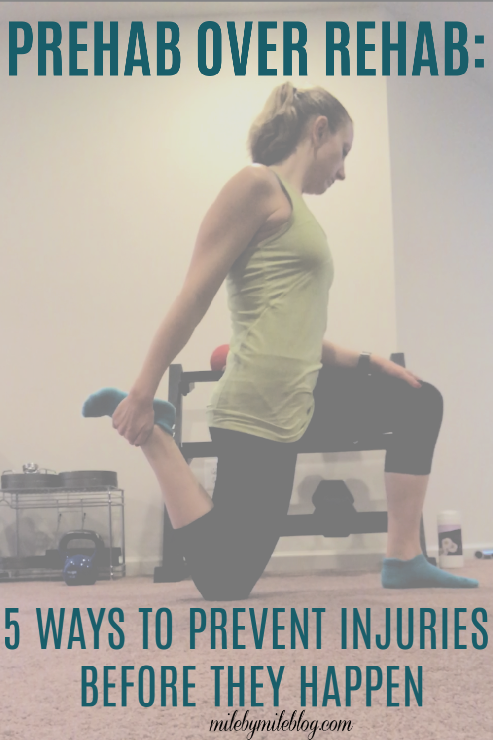 Looking to prevent an injury before it keeps your sidelined from running? Try some prehab! Here are some ways to include prehab in your routine to hopefully prevent running injuries. #prehab #running #injuryprevention #runningtips #corework #mobility #crosstraining 