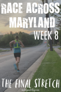 This was the final stretch of the Race Across Maryland running challenge. I completed my 250 miles in 54 days which took 8 weeks. Here's a peak at my workouts from last week including the final runs that got me to 250 miles.